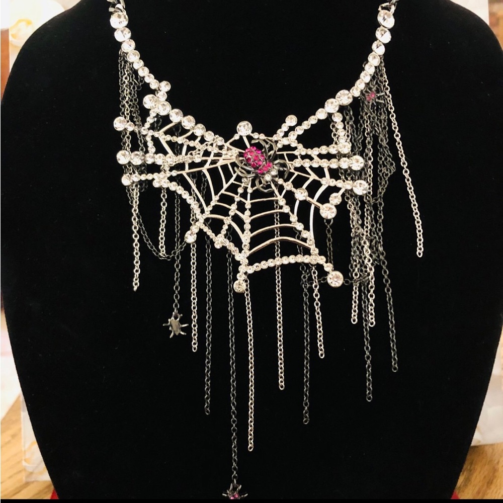 Authentic Betsey Johnson Statement Necklace - Crystal Spider Web, Gothic NWT